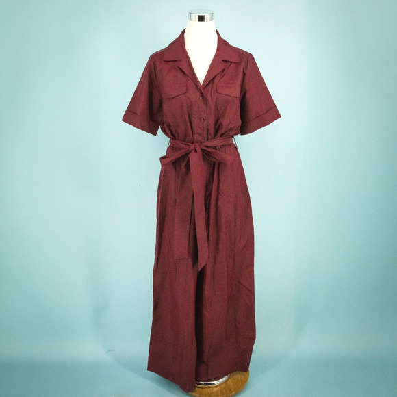 Staud Size 10 Millie Tawny Port Red Button Collared Belted Tie Pants Jumpsuit